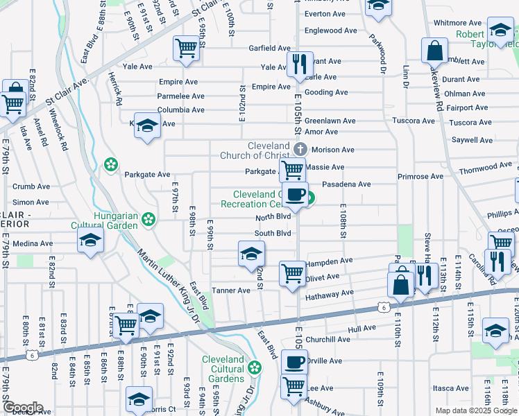 map of restaurants, bars, coffee shops, grocery stores, and more near 10210 Somerset Avenue in Cleveland