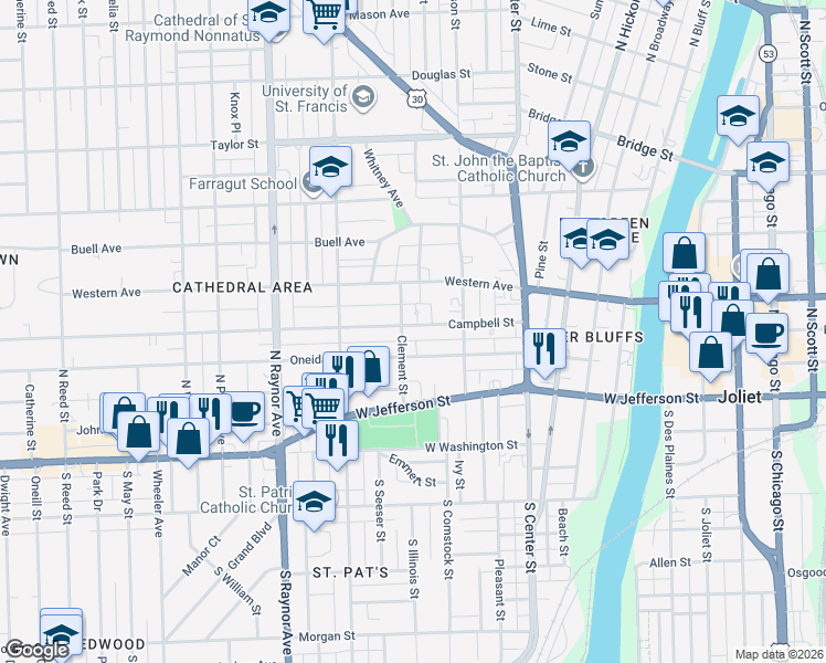 map of restaurants, bars, coffee shops, grocery stores, and more near 520 Campbell Street in Joliet