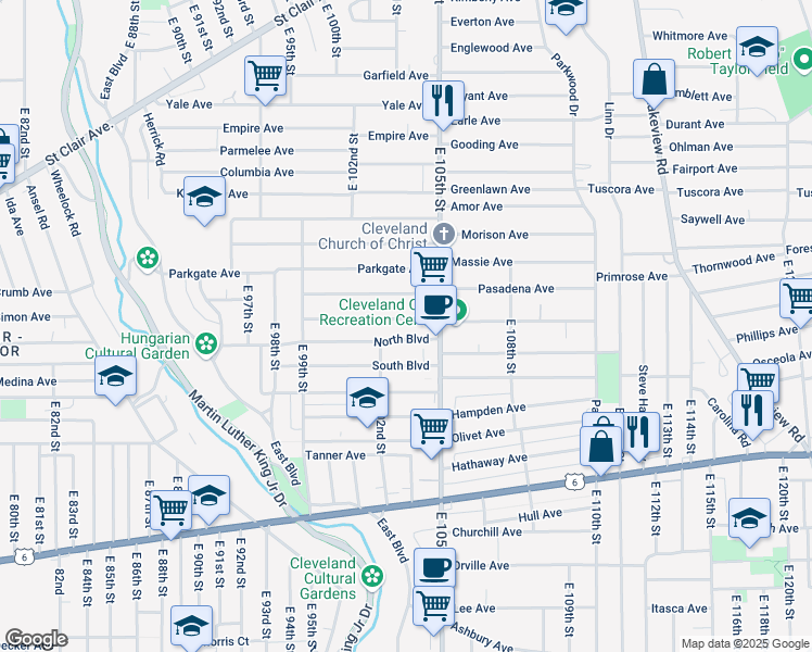 map of restaurants, bars, coffee shops, grocery stores, and more near 10402 Somerset Avenue in Cleveland