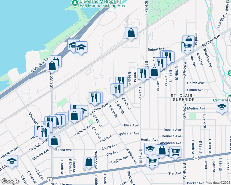 map of restaurants, bars, coffee shops, grocery stores, and more near 969 East 67th Street in Cleveland