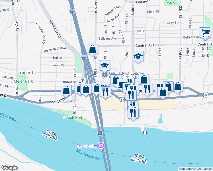 map of restaurants, bars, coffee shops, grocery stores, and more near 415 15th Street in Bettendorf