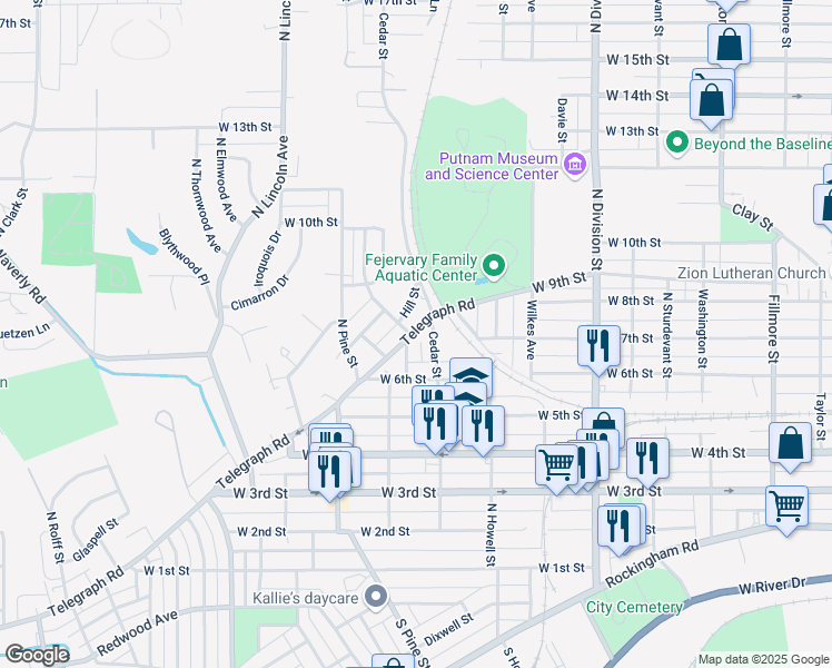 map of restaurants, bars, coffee shops, grocery stores, and more near 2021 Telegraph Road in Davenport