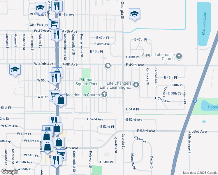 map of restaurants, bars, coffee shops, grocery stores, and more near 601-649 East 50th Avenue in Gary