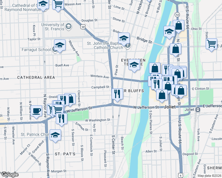 map of restaurants, bars, coffee shops, grocery stores, and more near 209 North Center Street in Joliet