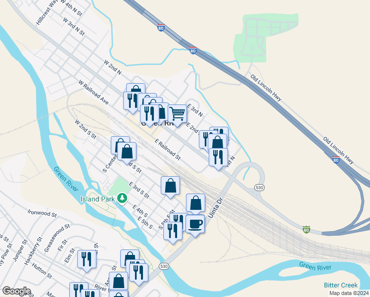 map of restaurants, bars, coffee shops, grocery stores, and more near 101-199 North 3rd East Street in Green River