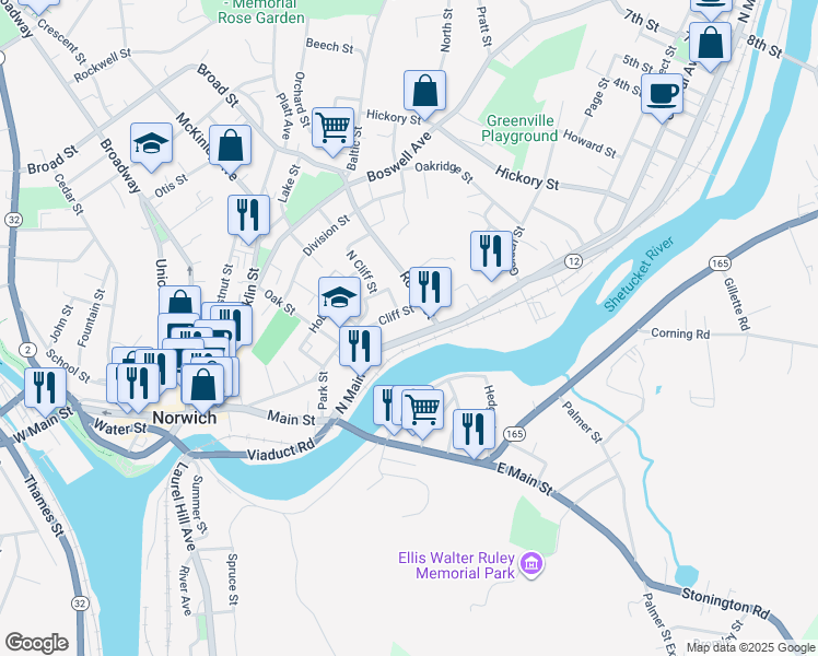 map of restaurants, bars, coffee shops, grocery stores, and more near 162 Cliff Street in Norwich