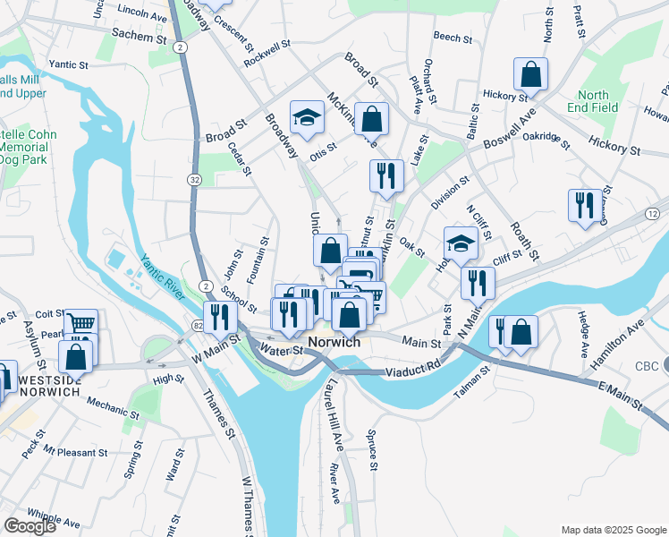 map of restaurants, bars, coffee shops, grocery stores, and more near 47 Union Street in Norwich