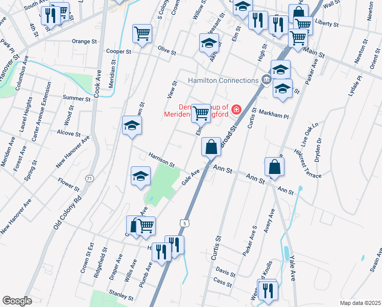 map of restaurants, bars, coffee shops, grocery stores, and more near 38 Galoppi Road in Meriden