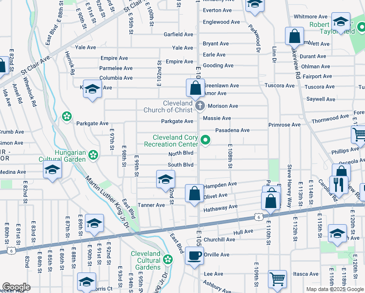 map of restaurants, bars, coffee shops, grocery stores, and more near 10402 Somerset Avenue in Cleveland