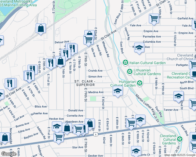 map of restaurants, bars, coffee shops, grocery stores, and more near 8108 Crumb Avenue in Cleveland