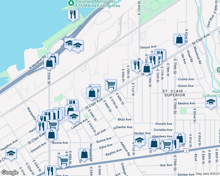 map of restaurants, bars, coffee shops, grocery stores, and more near 969 East 67th Street in Cleveland