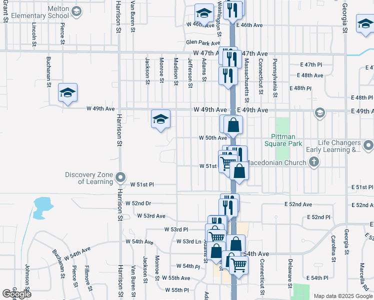 map of restaurants, bars, coffee shops, grocery stores, and more near 5001 Madison Street in Gary