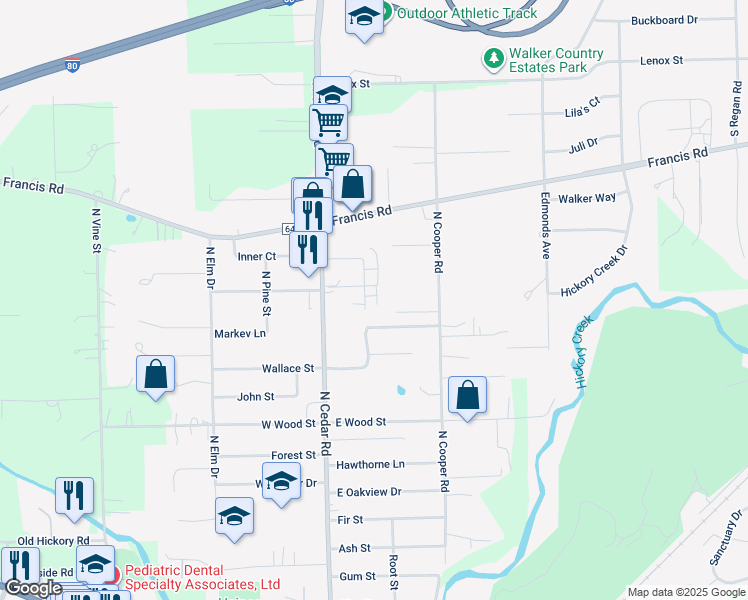 map of restaurants, bars, coffee shops, grocery stores, and more near 1227 Town Crest Drive in New Lenox