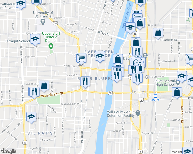 map of restaurants, bars, coffee shops, grocery stores, and more near 221 North Broadway Street in Joliet