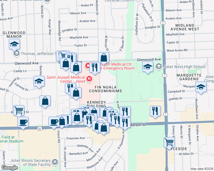map of restaurants, bars, coffee shops, grocery stores, and more near 222 Madison Street in Joliet