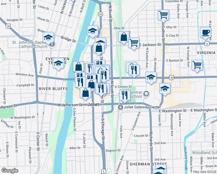 map of restaurants, bars, coffee shops, grocery stores, and more near in Joliet