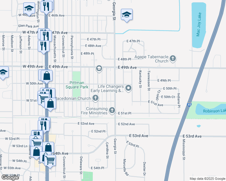 map of restaurants, bars, coffee shops, grocery stores, and more near 5000 Georgia Street in Gary
