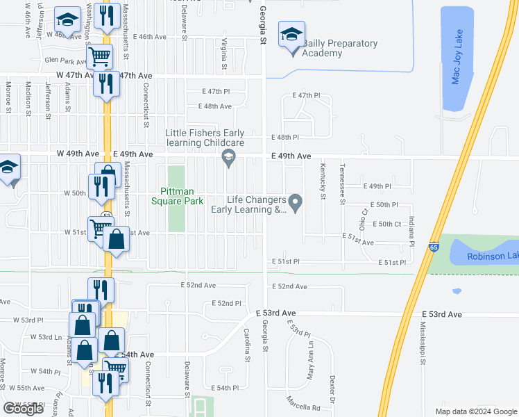 map of restaurants, bars, coffee shops, grocery stores, and more near 5034 Georgia Street in Gary