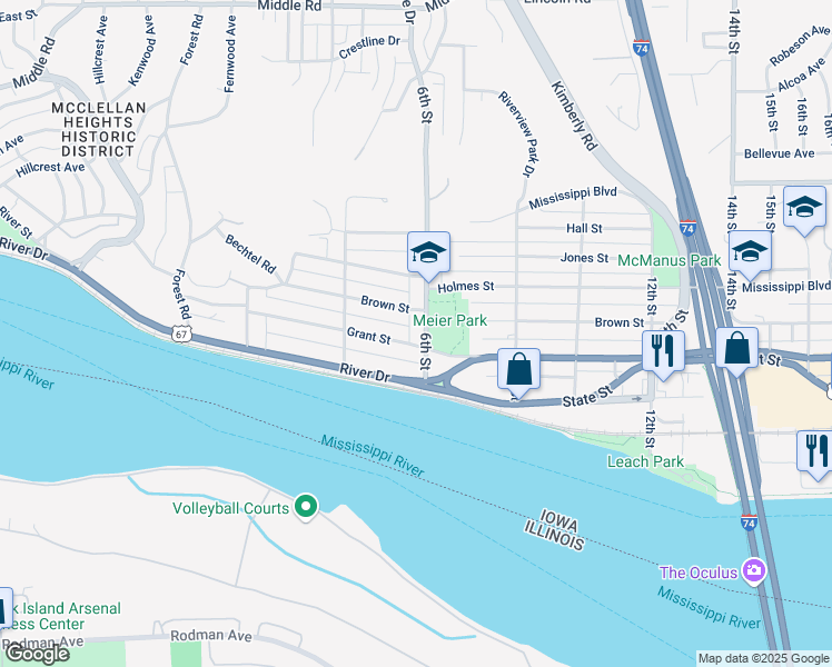 map of restaurants, bars, coffee shops, grocery stores, and more near 559-599 Brown St in Bettendorf