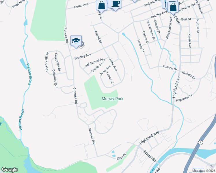 map of restaurants, bars, coffee shops, grocery stores, and more near 44 Leone Street in Waterbury