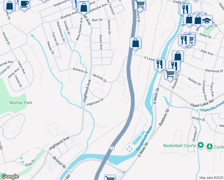 map of restaurants, bars, coffee shops, grocery stores, and more near 155 Nichols Drive in Waterbury