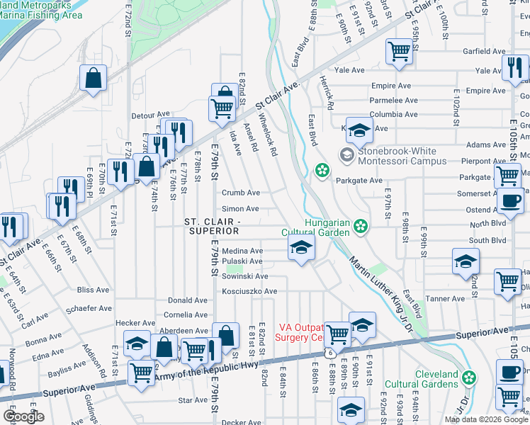 map of restaurants, bars, coffee shops, grocery stores, and more near 8210 Simon Avenue in Cleveland