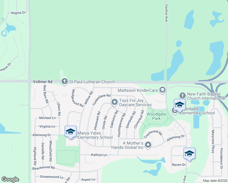 map of restaurants, bars, coffee shops, grocery stores, and more near 5908 Woodgate Drive in Matteson