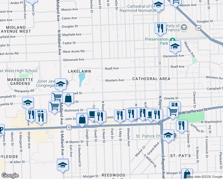 map of restaurants, bars, coffee shops, grocery stores, and more near 1012 Western Avenue in Joliet