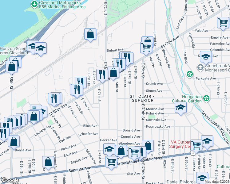 map of restaurants, bars, coffee shops, grocery stores, and more near 1004 East 74th Street in Cleveland