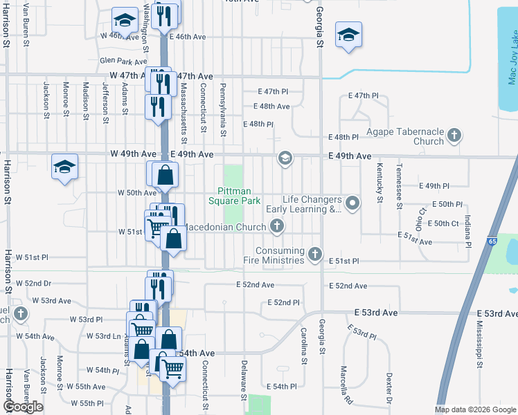 map of restaurants, bars, coffee shops, grocery stores, and more near 5030 Maryland Street in Gary
