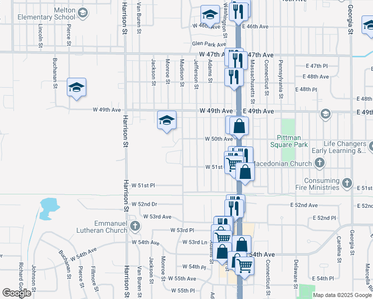 map of restaurants, bars, coffee shops, grocery stores, and more near 5031 Madison Street in Gary