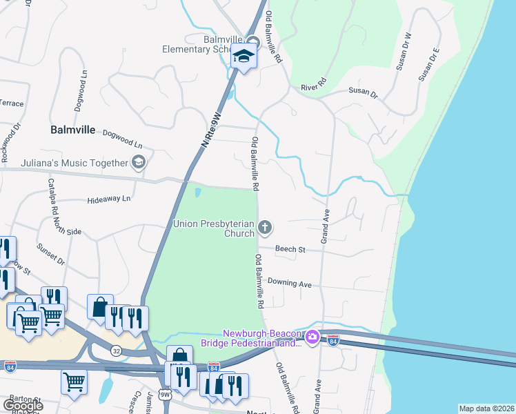 map of restaurants, bars, coffee shops, grocery stores, and more near Old Balmville Road in Newburgh