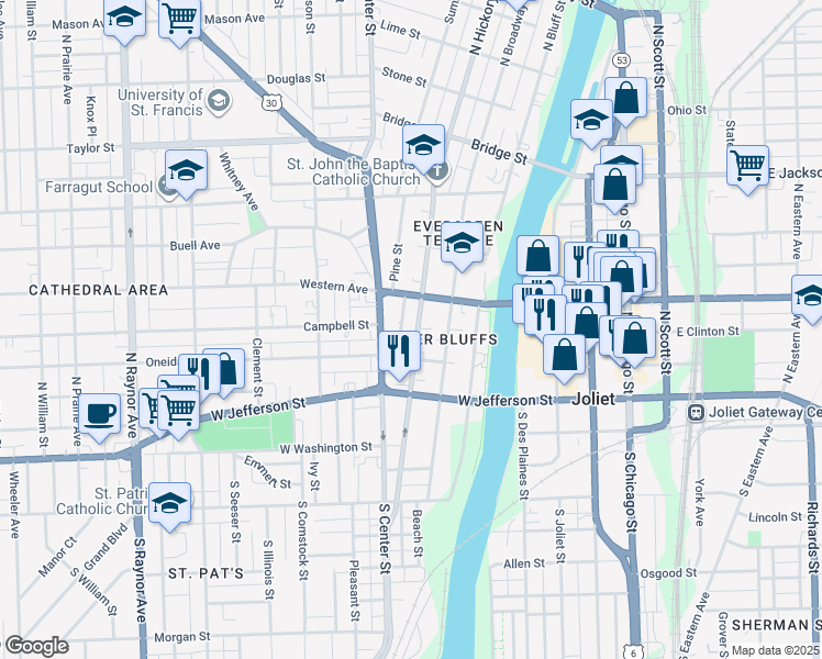 map of restaurants, bars, coffee shops, grocery stores, and more near 213 North Hickory Street in Joliet