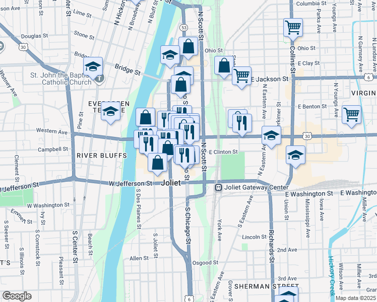 map of restaurants, bars, coffee shops, grocery stores, and more near 150 North Chicago Street in Joliet