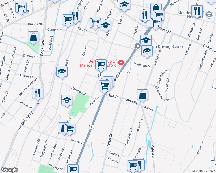 map of restaurants, bars, coffee shops, grocery stores, and more near 226 Broad Street in Meriden