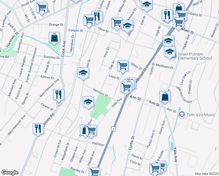 map of restaurants, bars, coffee shops, grocery stores, and more near 38 Galoppi Road in Meriden