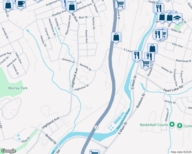 map of restaurants, bars, coffee shops, grocery stores, and more near 155 Nichols Drive in Waterbury