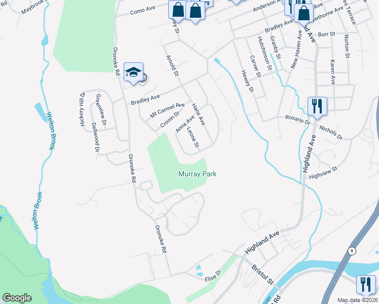 map of restaurants, bars, coffee shops, grocery stores, and more near 44 Leone Street in Waterbury