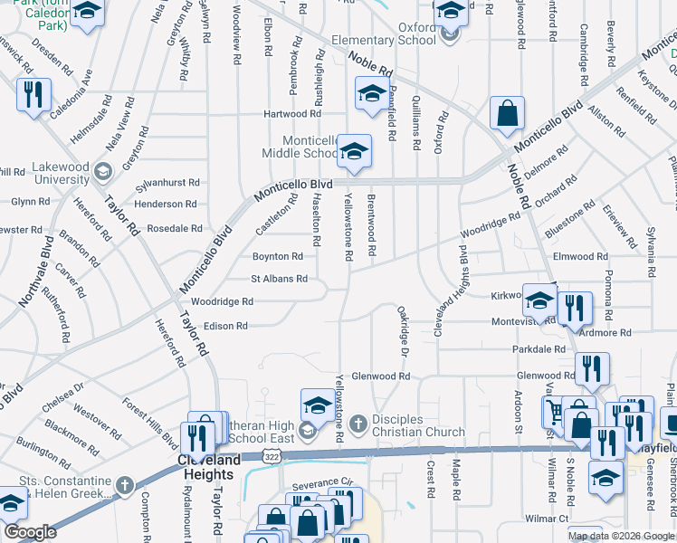 map of restaurants, bars, coffee shops, grocery stores, and more near 1207 Haselton Road in Cleveland Heights