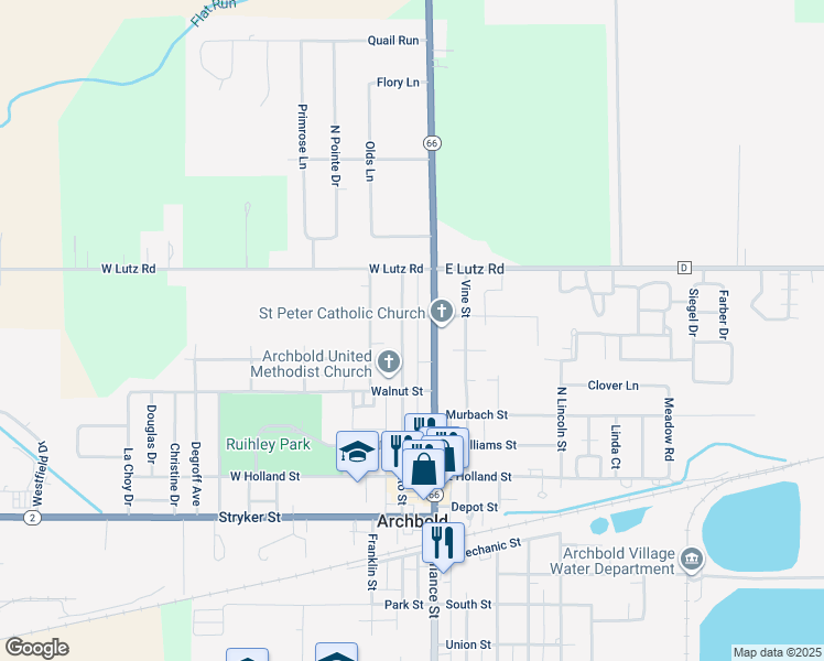 map of restaurants, bars, coffee shops, grocery stores, and more near 108 Maple Avenue in Archbold