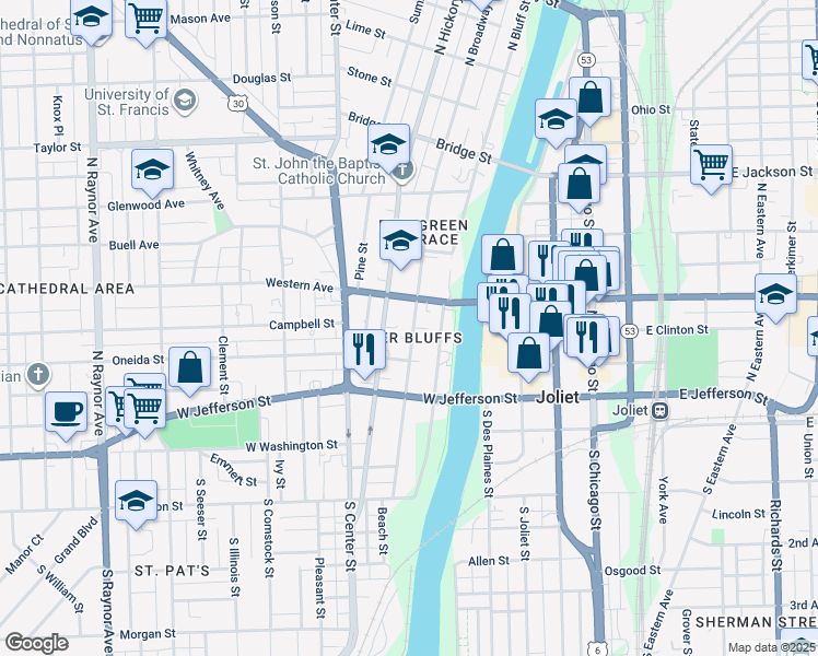 map of restaurants, bars, coffee shops, grocery stores, and more near 221 North Broadway Street in Joliet
