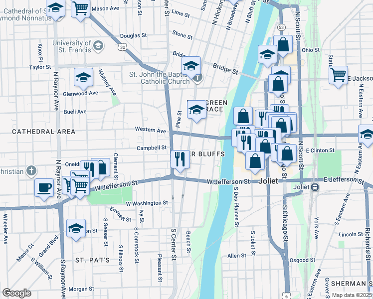 map of restaurants, bars, coffee shops, grocery stores, and more near 217 Pine Street in Joliet