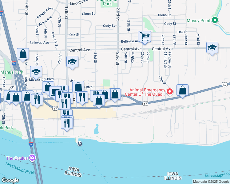map of restaurants, bars, coffee shops, grocery stores, and more near 2234 Mississippi Boulevard in Bettendorf