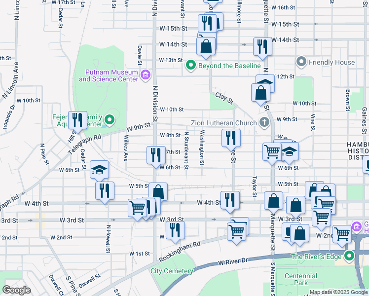 map of restaurants, bars, coffee shops, grocery stores, and more near 1603 West 8th Street in Davenport