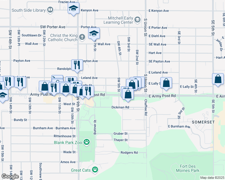map of restaurants, bars, coffee shops, grocery stores, and more near 512 Lally Street in Des Moines