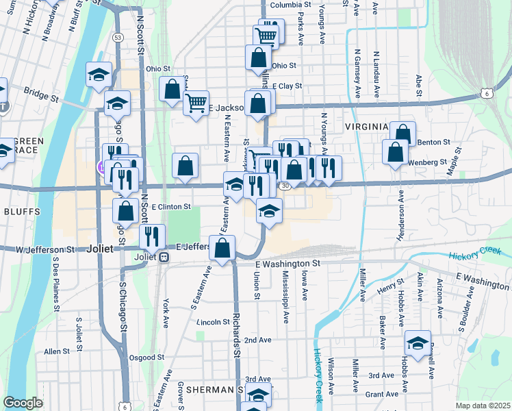 map of restaurants, bars, coffee shops, grocery stores, and more near in Joliet