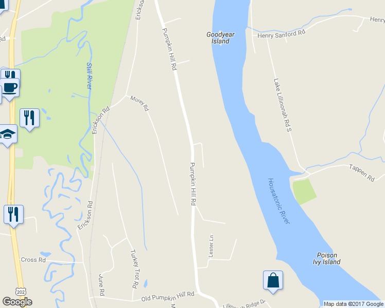 map of restaurants, bars, coffee shops, grocery stores, and more near Pumpkin Hill Road in New Milford