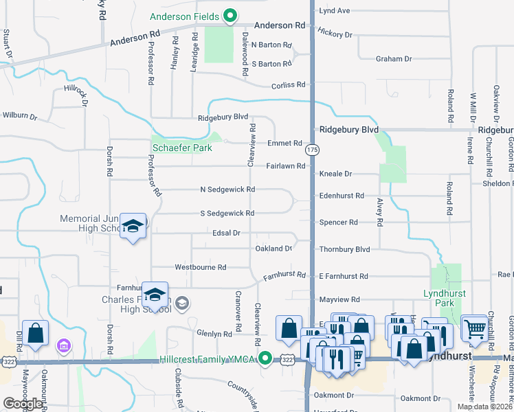map of restaurants, bars, coffee shops, grocery stores, and more near 4968 North Sedgewick Road in Lyndhurst