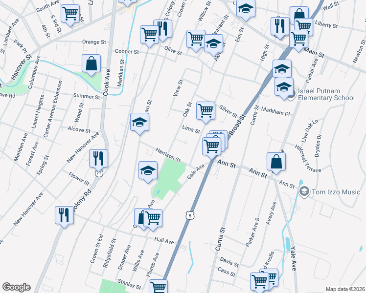 map of restaurants, bars, coffee shops, grocery stores, and more near 38 Galoppi Road in Meriden