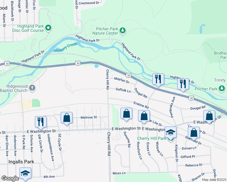 map of restaurants, bars, coffee shops, grocery stores, and more near 2404 Suffolk Lane in Joliet